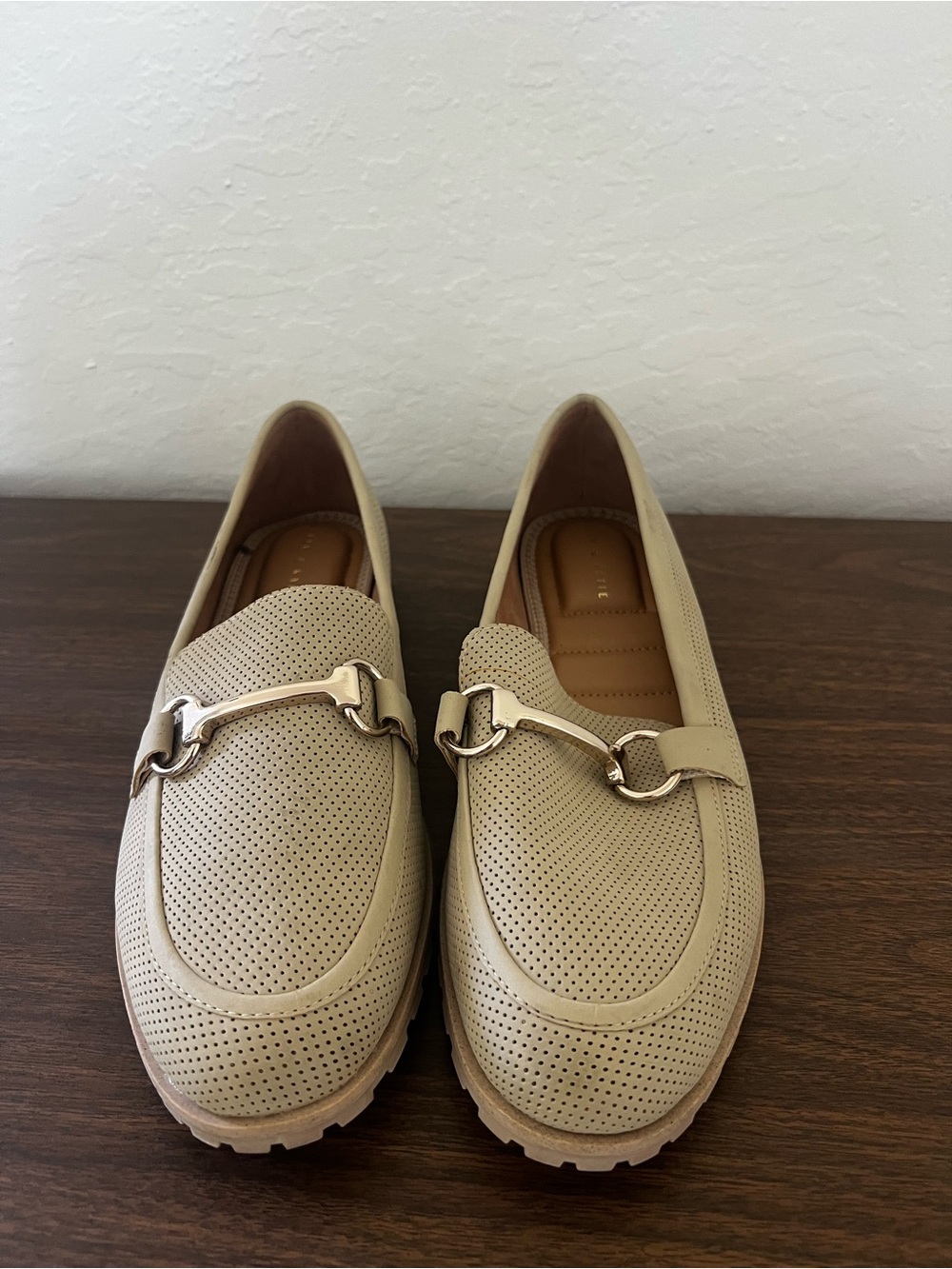 Kelly & Katie Beige Perforated Loafers with Gold Hardware